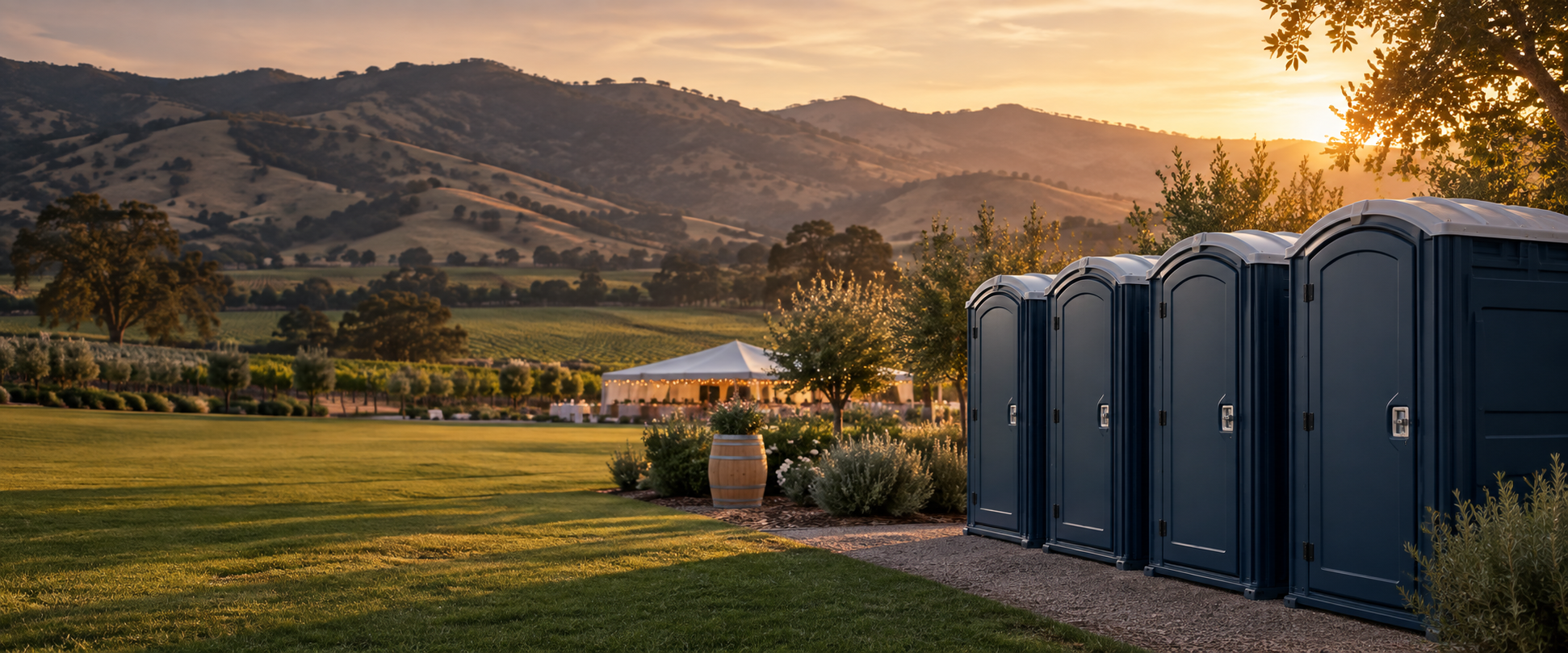 Portable restrooms set near a green event lawn in a California valley